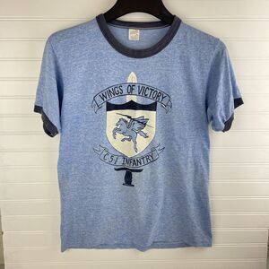 Vintage Blue Ringer T-Shirt USA Military Wings of Victory C-5-1 Infantry Large